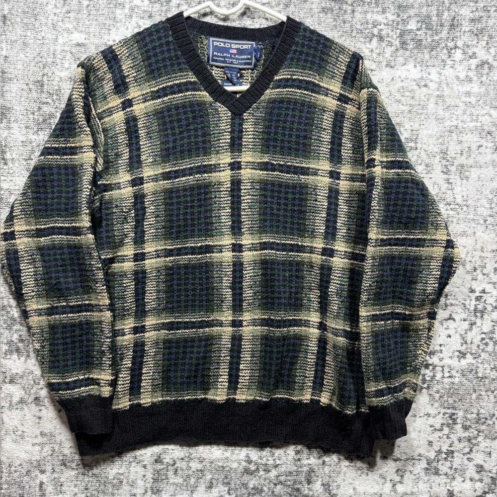 VTG Polo Sport Ralph Lauren Mens L Hand Knit Cotton Linen Sweater Plaid Brown